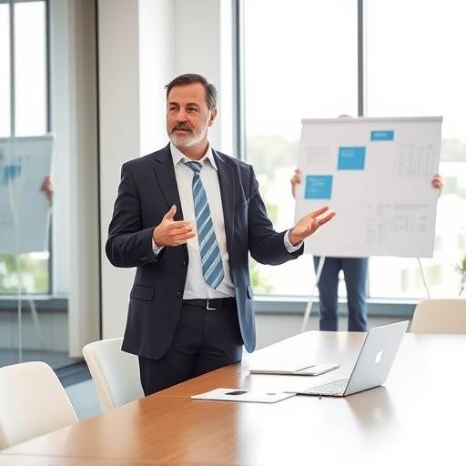 Un consulente senior che presenta una strategia di business a un cliente in una sala riunioni luminosa