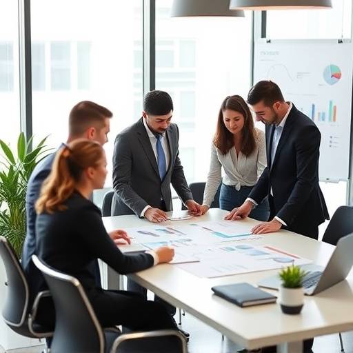 Un team di consulenti aziendali che collaborano in un ufficio moderno a Milano